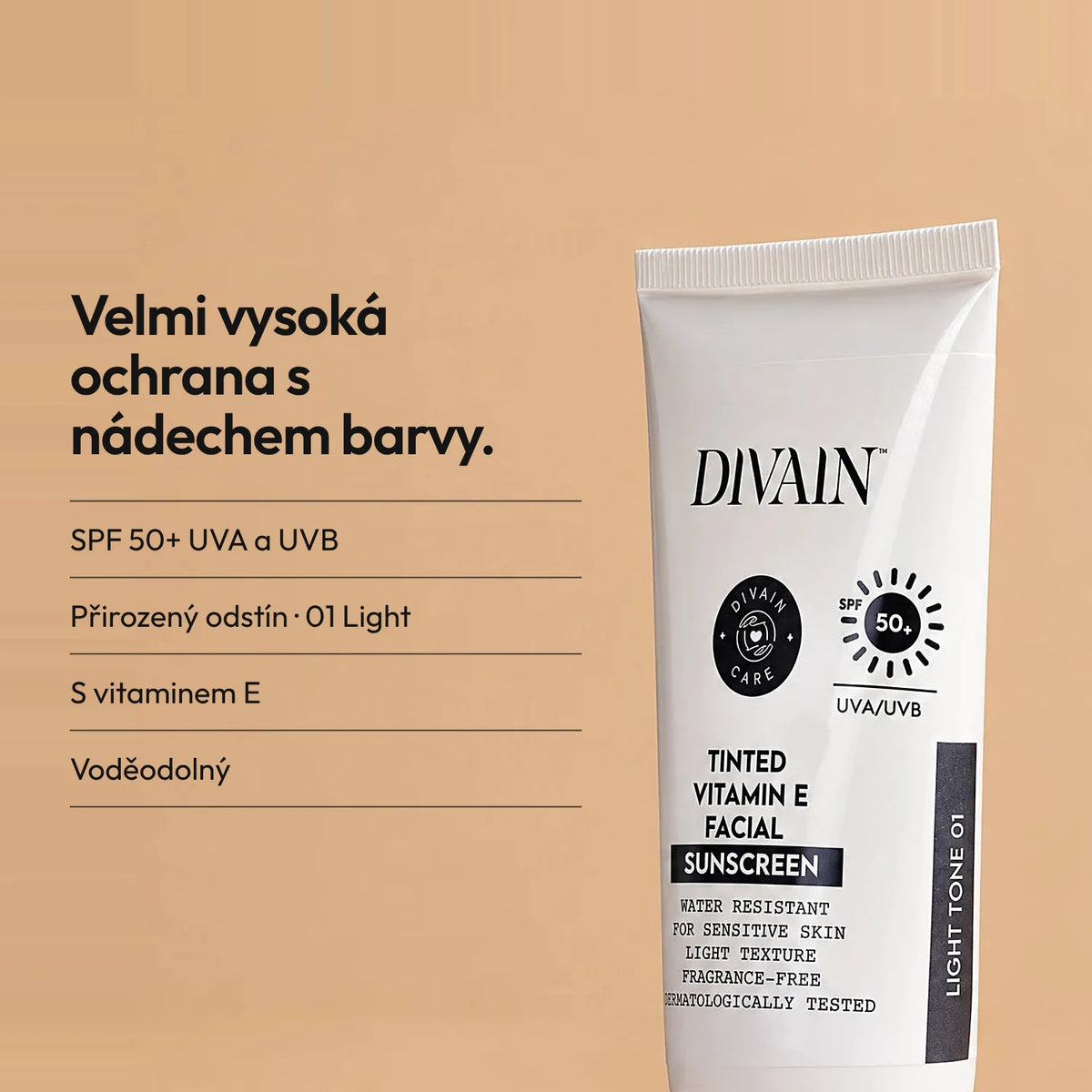 Tónovaný opalovací krém na obličej s vitaminem E SPF50+ světlý odstín 01