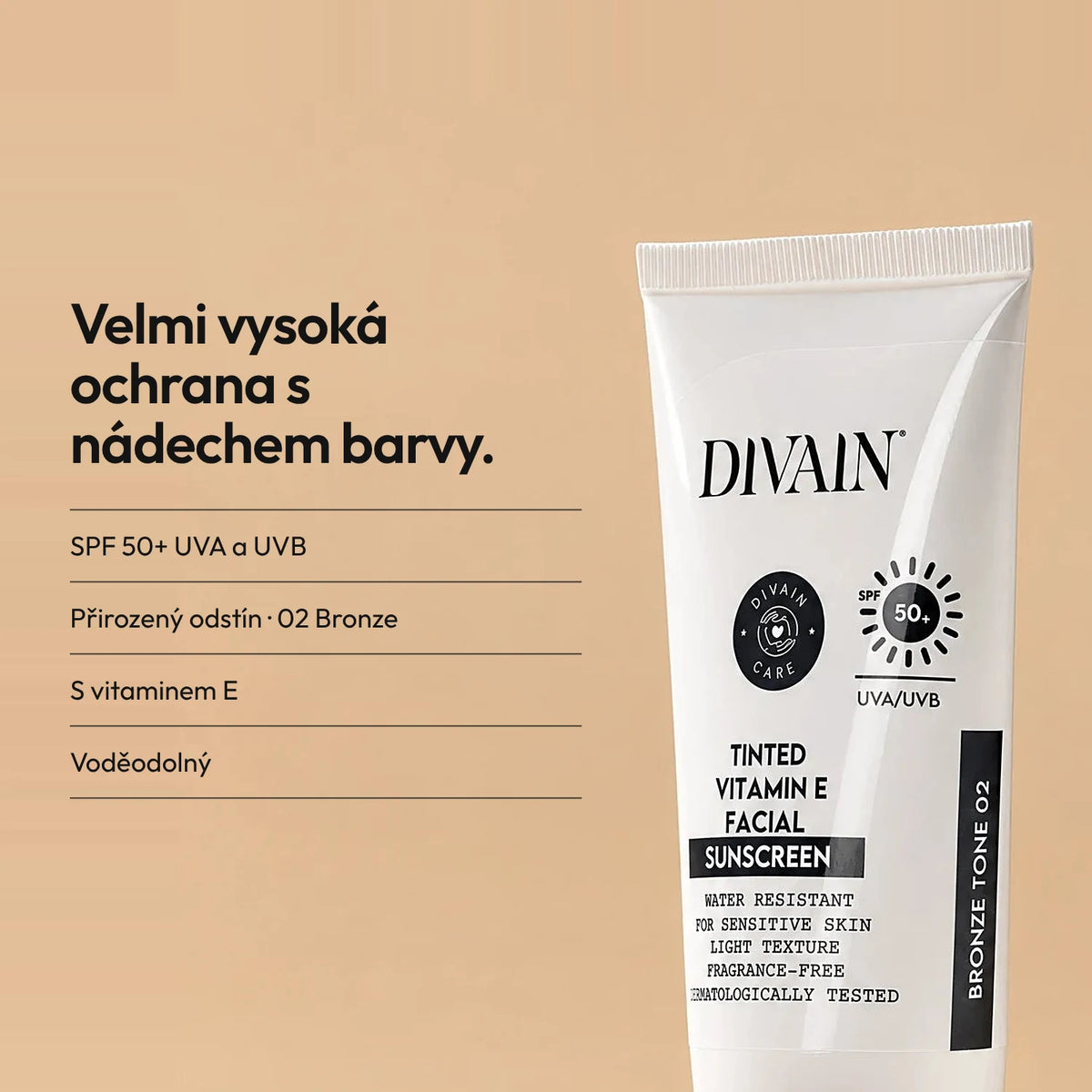 Tónovaný opalovací krém na obličej s vitaminem E SPF50+ bronzový odstín 02