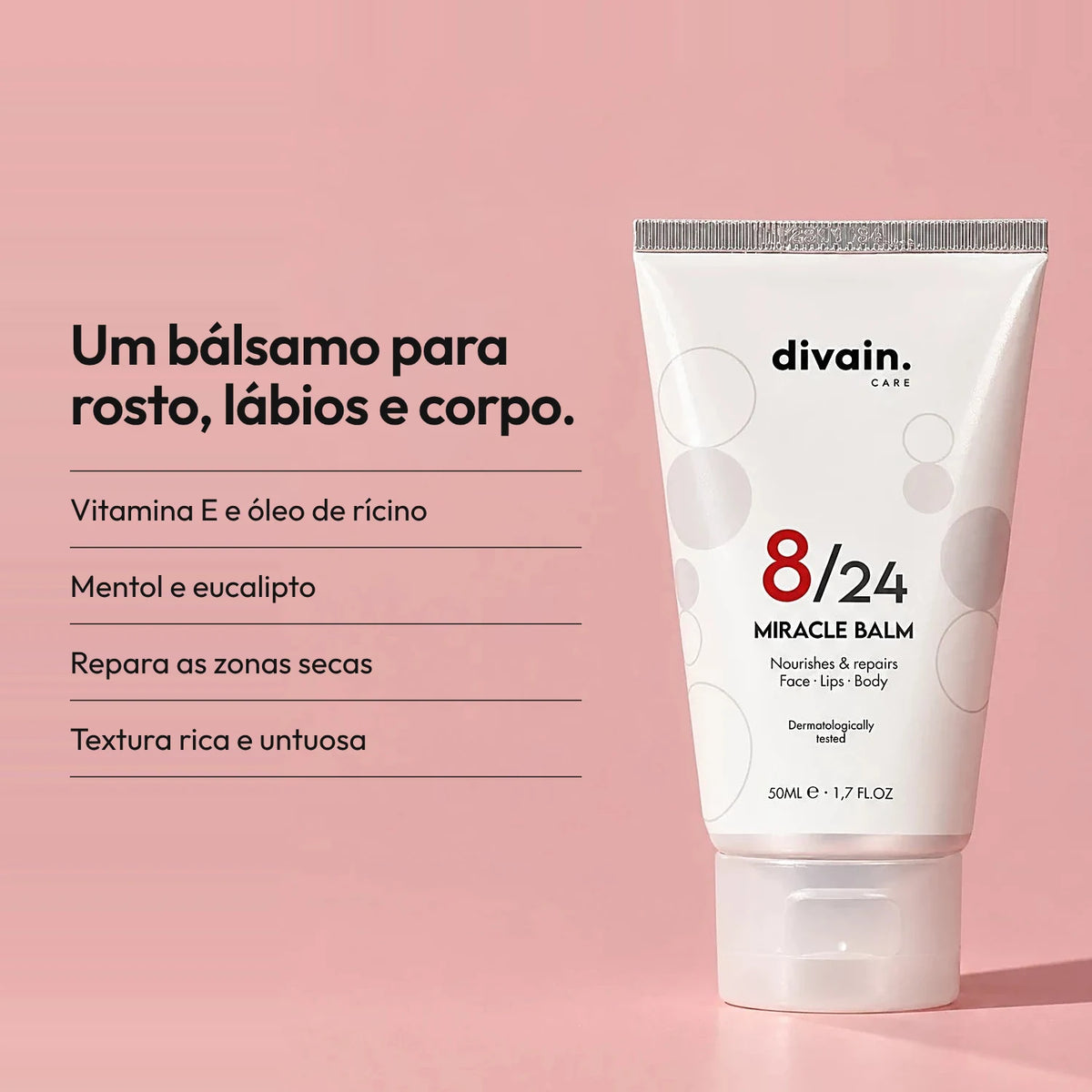 Bálsamo reparador multiusos para rosto, lábios e corpo.