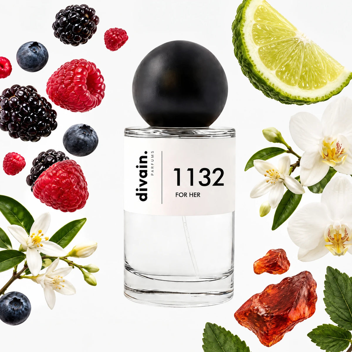 Notas olfativas frambuesa, orquídea y ámbar rojo | Perfume divain.1132 | divain Parfums