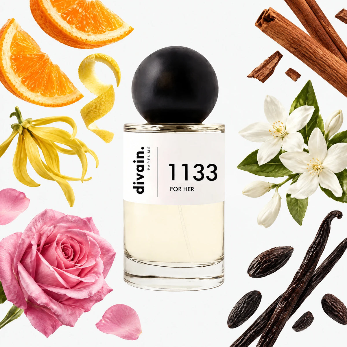 Notas olfativas naranja amarga, jazmín y vainilla | Perfume divain.1133 | divain Parfums