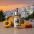 Body mist Ibiza de 60 ml con frutas tropicales al atardecer en una ciudad blanca.