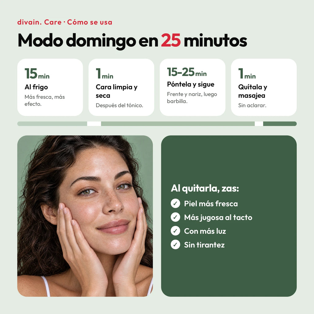 Cómo usar Sunday Reset: 15 min al frigo, 15-25 min puesta y 1 min de masaje