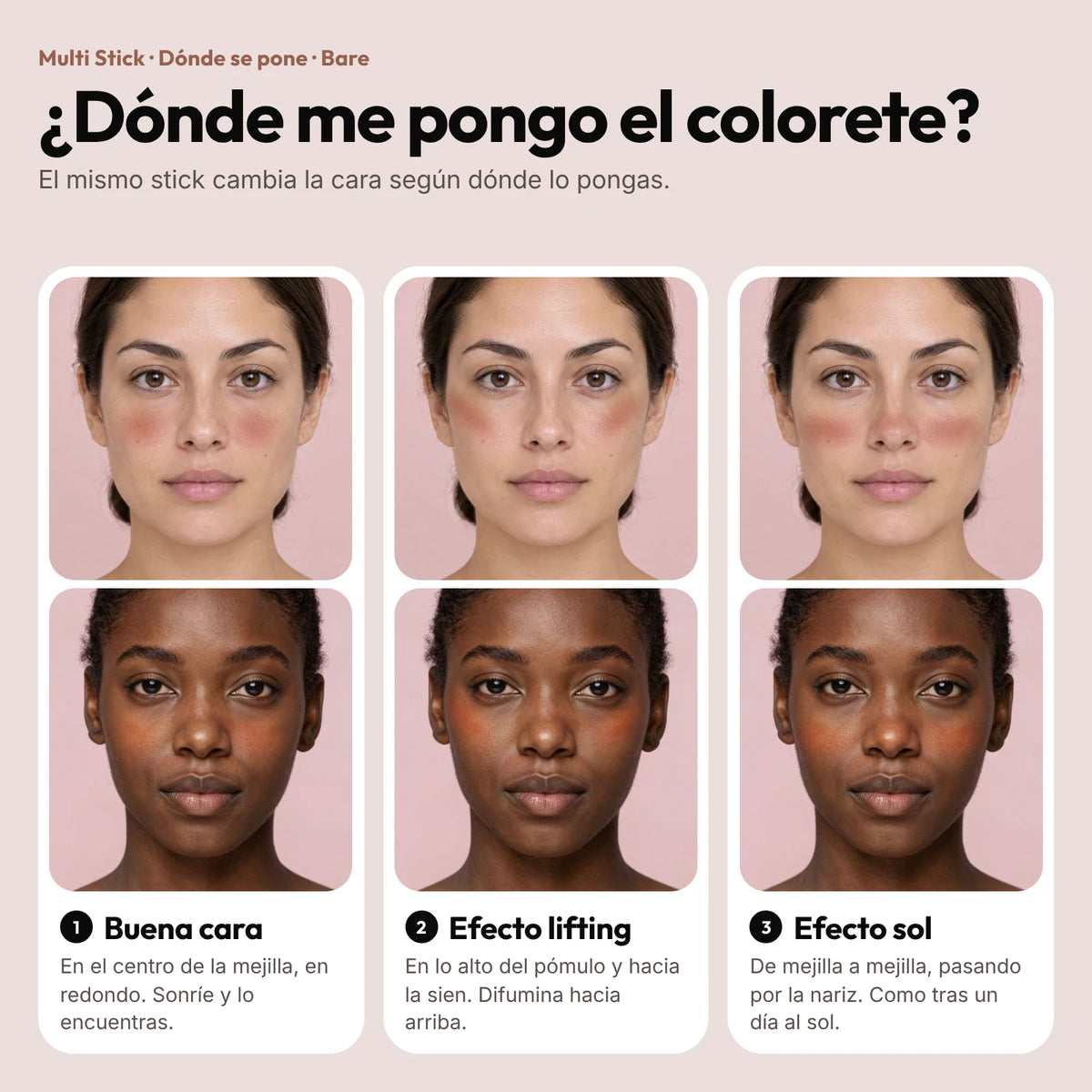 Dónde ponerse el colorete Multi Stick Bare