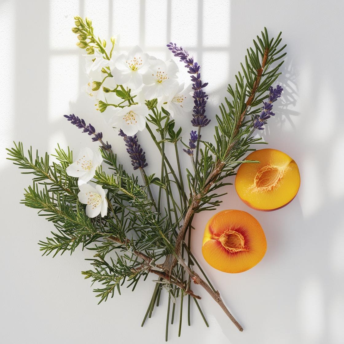 Notas olfativas del perfume que combinan la frescura aromática del romero y la lavanda con el toque dulce y jugoso del melocotón, suavizadas por la delicadeza del jazmín.