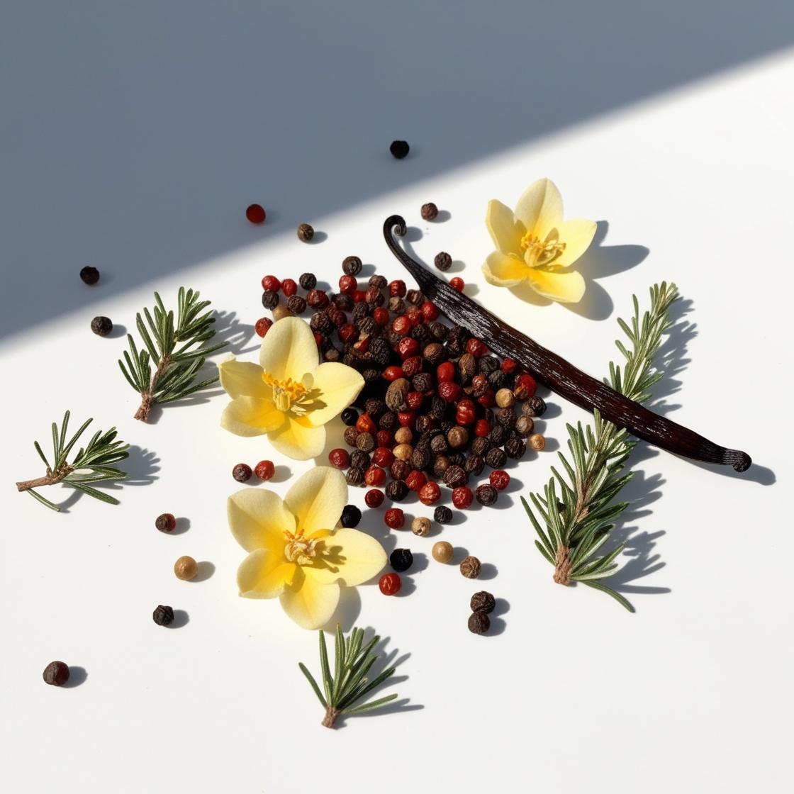 Notas olfativas del perfume que fusionan la calidez especiada de la pimienta con el toque balsámico del romero, envueltas en la dulzura cremosa de la vainilla y matices florales suaves.