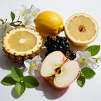 Piña, limón, manzana, jazmín y grosellas negras representando las notas olfativas del perfume.