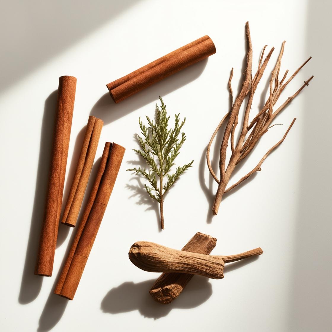 Notas olfativas de perfume con canela, cedro, vetiver y maderas secas