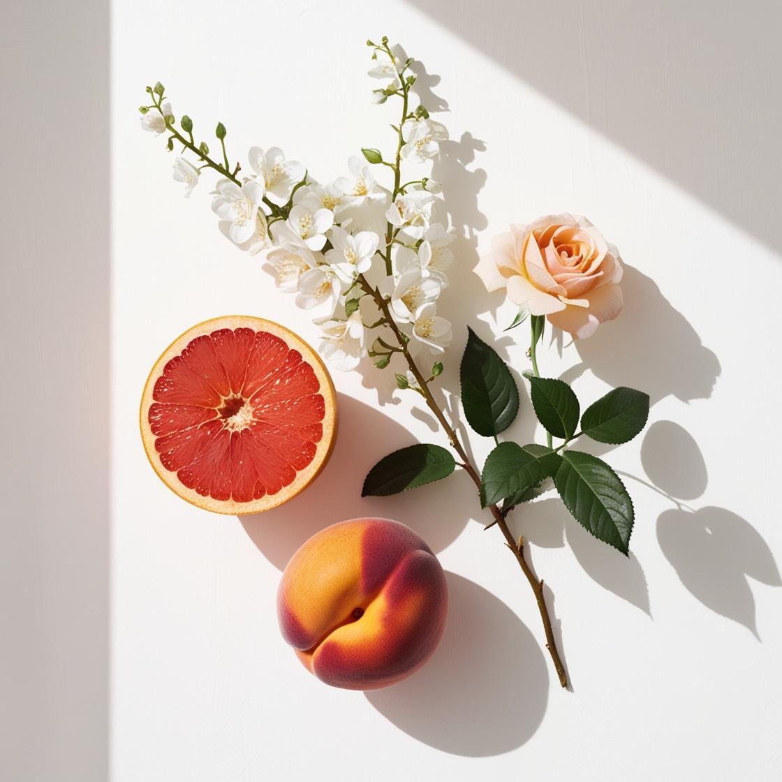 Notas olfativas del perfume con pomelo jugoso, melocotón, flores blancas y rosa delicada