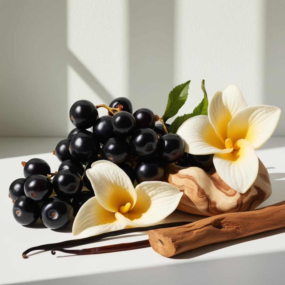 Notas olfativas del perfume con grosellas negras, vainilla cremosa, flores exóticas y un toque de madera suave.