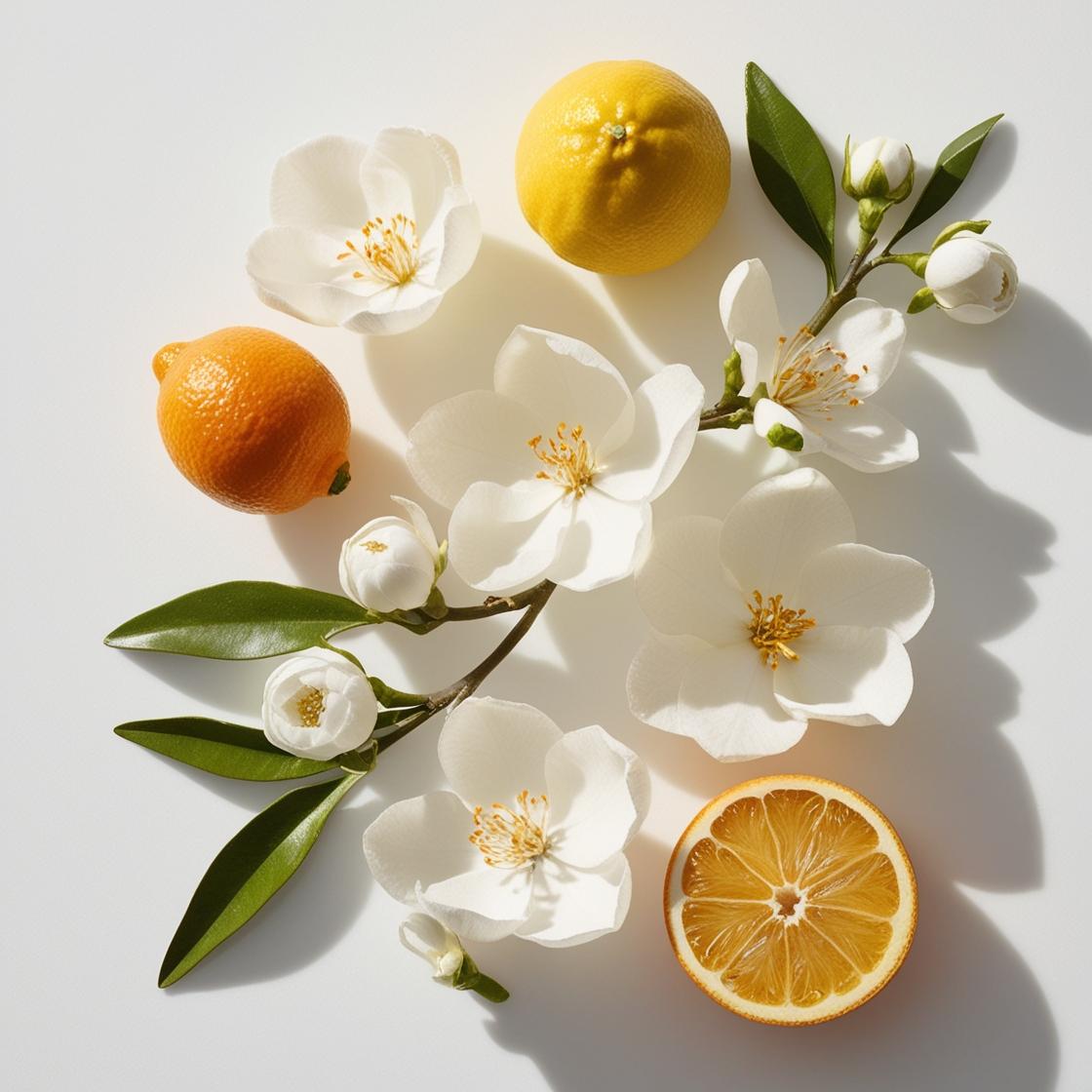 Notas olfativas del perfume con cítricos brillantes, flor de azahar y un toque fresco de hojas verdes.