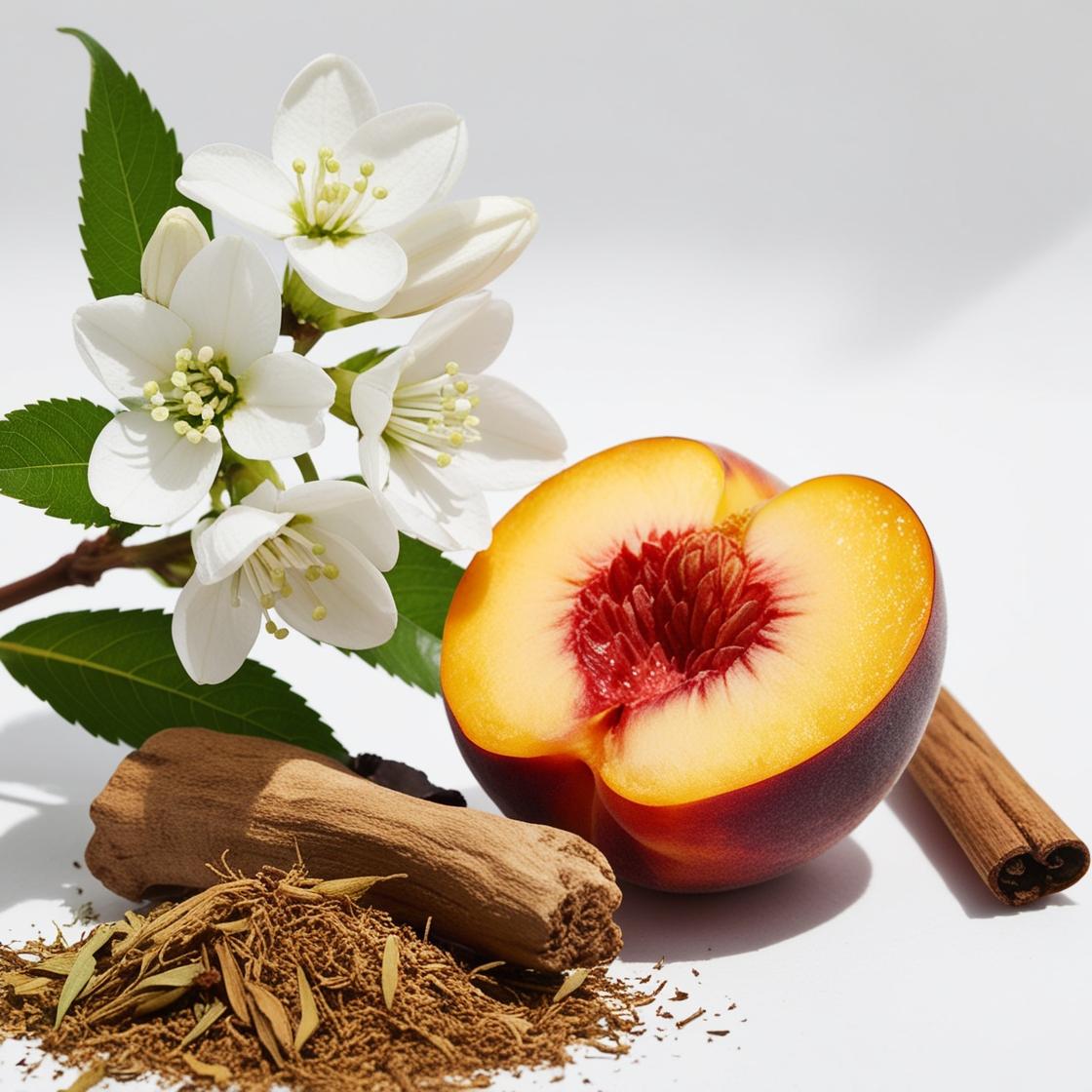 Notas olfativas del perfume con melocotón jugoso, flores blancas, sándalo cremoso y un toque cálido de canela.