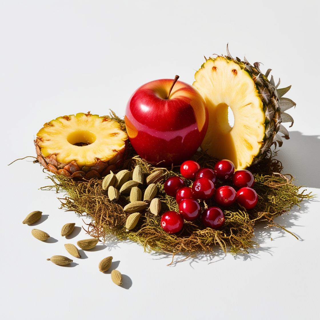 Notas olfativas del perfume con piña jugosa, manzana crujiente, bayas rojas y un toque especiado de cardamomo.