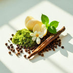 Meta, pimienta, musgo y vainilla representando las notas olfativas del perfume.