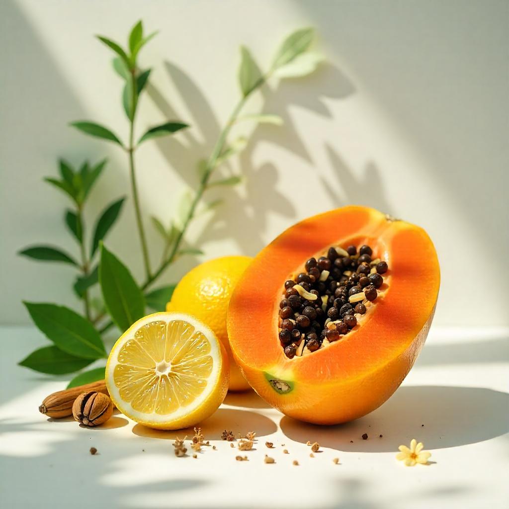 Notas olfativas del perfume que combinan la jugosidad tropical de la papaya con la frescura cítrica del limón, realzadas por matices cálidos de almendra y toques especiados sutiles.
