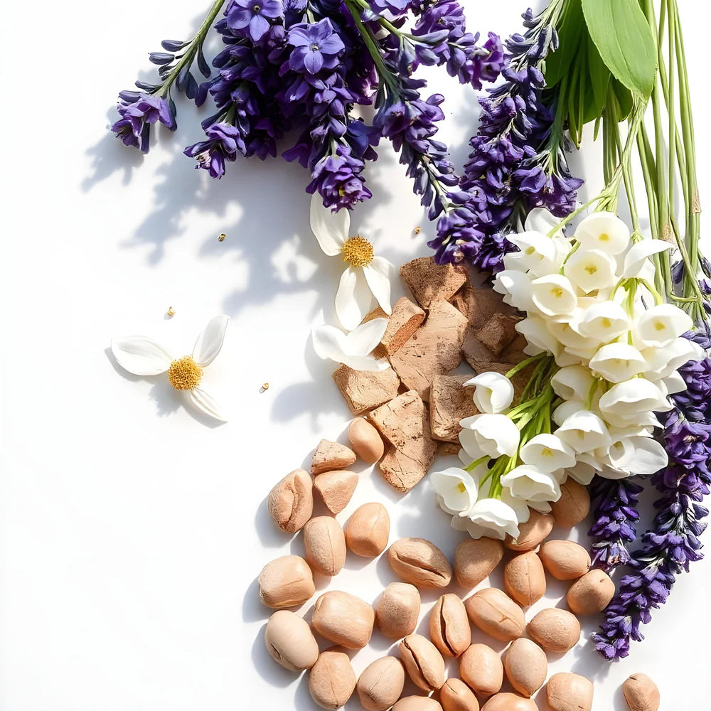 Lavanda, haba tonka y hojas de violeta representando las notas olfativas del perfume.