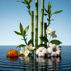 Notas olfativas del perfume con bambú, jazmín, algodón y ámbar sobre un fondo acuático.