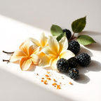 Frambuesa negra y hojas de mandarina representando las notas olfativas del perfume.