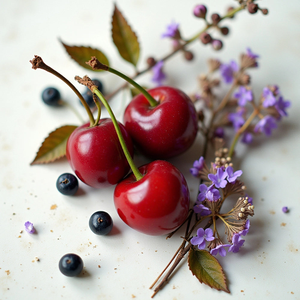 Notas olfativas frutales y florales con cerezas, arándanos y flores violetas