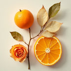 Notas olfativas cítricas y florales con naranja, rosa y hojas secas