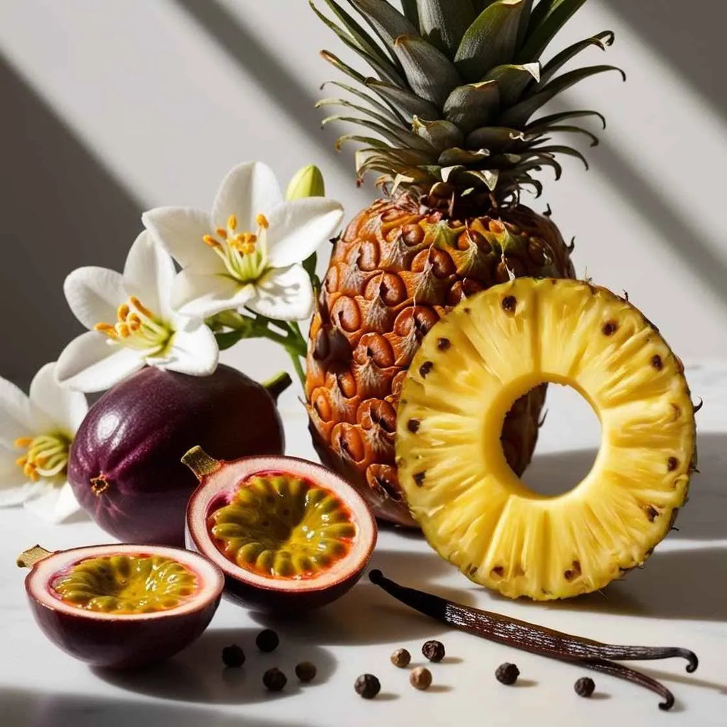 Bouquet de aromas frutales y exóticos con piña, maracuyá, vainilla y flores blancas