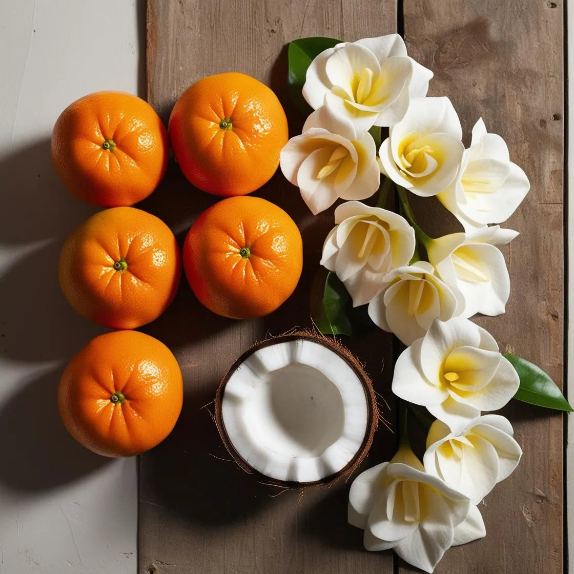 Notas olfativas cítricas y cremosas con naranja, coco y flores blancas