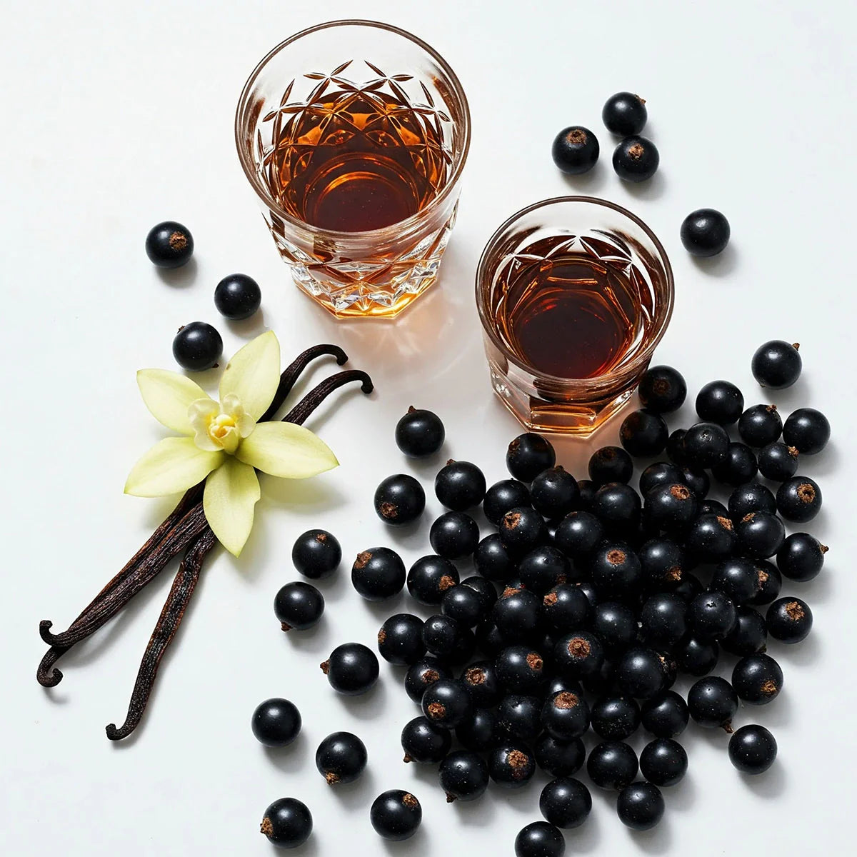 Notas olfativas dulces y afrutadas con grosellas negras, vainilla y licor