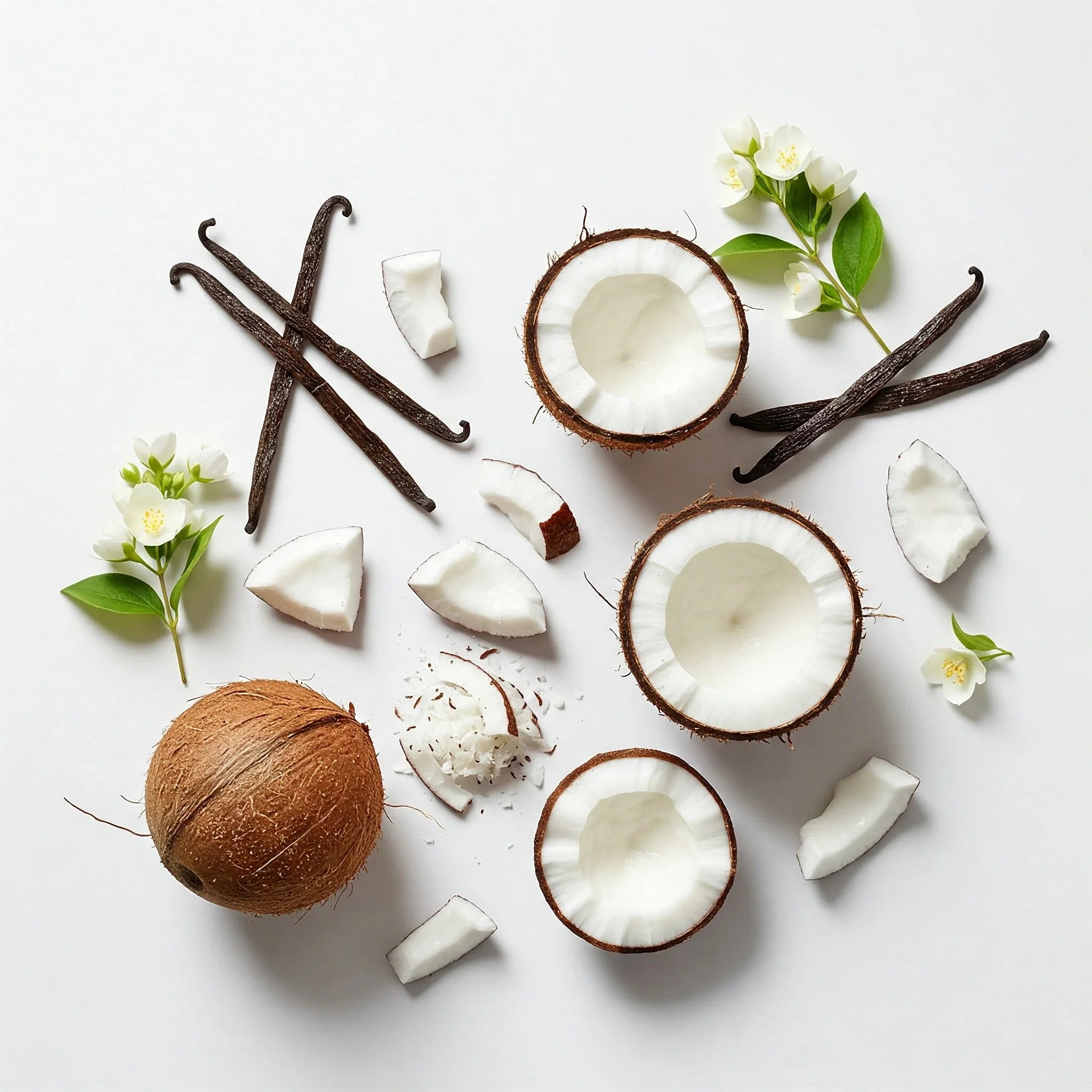 Notas olfativas dulces y cremosas con coco, vainilla y flores blancas