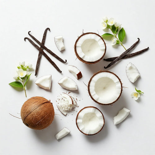 Notas olfativas dulces y cremosas con coco, vainilla y flores blancas