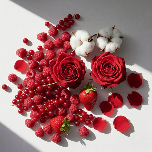 Notas olfativas frutales y florales con frambuesas, fresas, grosellas rojas, rosas y algodón