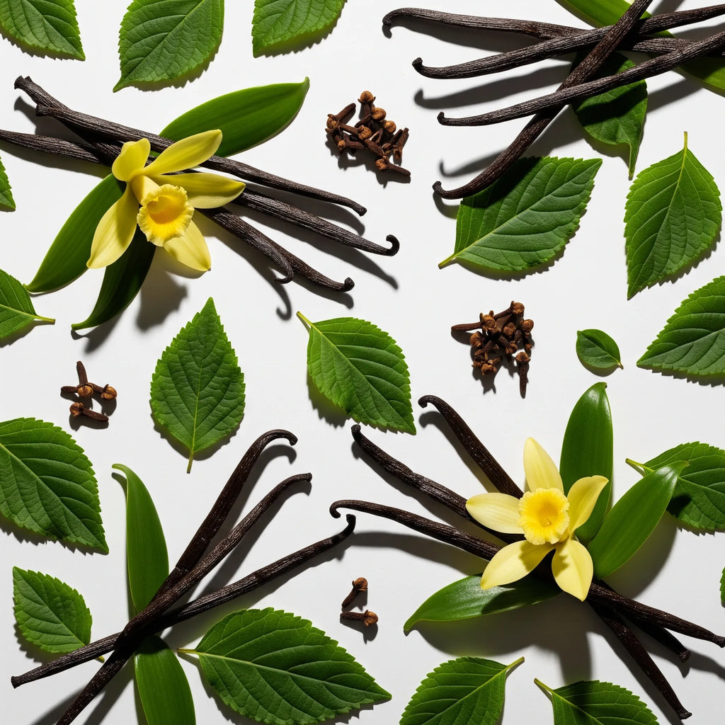 Notas olfativas especiadas y dulces con vainilla, hojas verdes y clavo