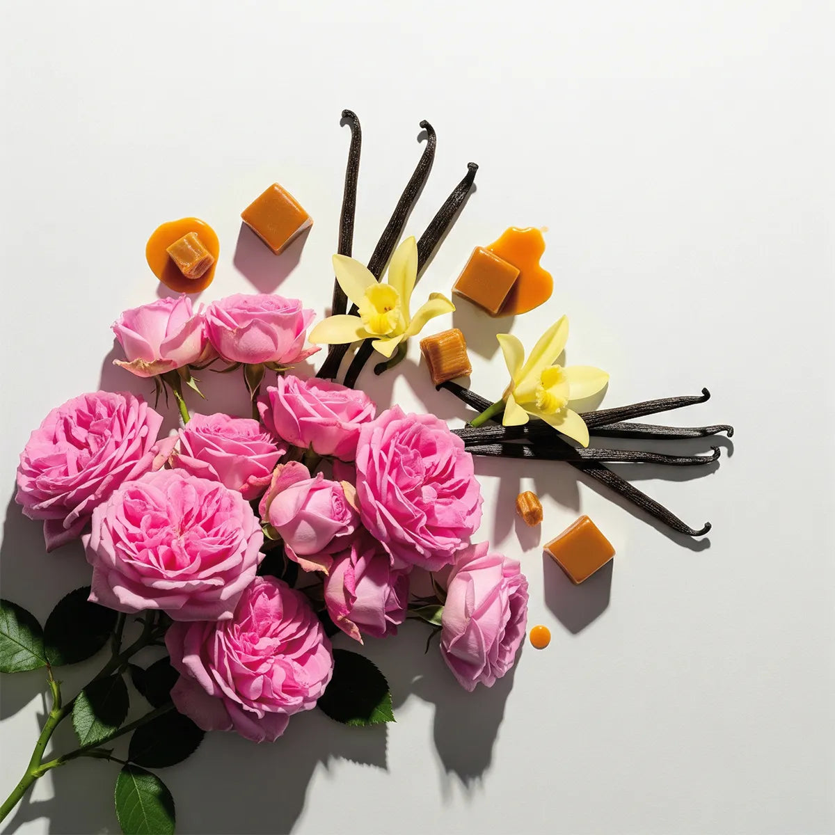 Notas olfativas florales y dulces con rosas, vainilla y caramelo