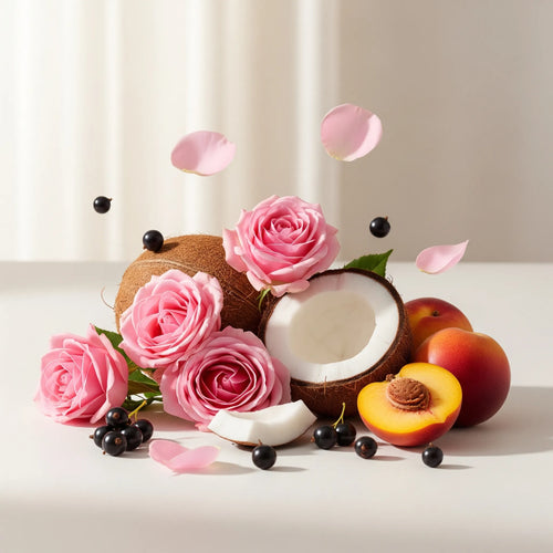 Notas olfativas florales y afrutadas con rosa, coco, melocotón y grosellas negras