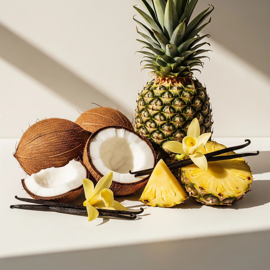 Notas olfativas tropicales y dulces con coco, piña y vainilla