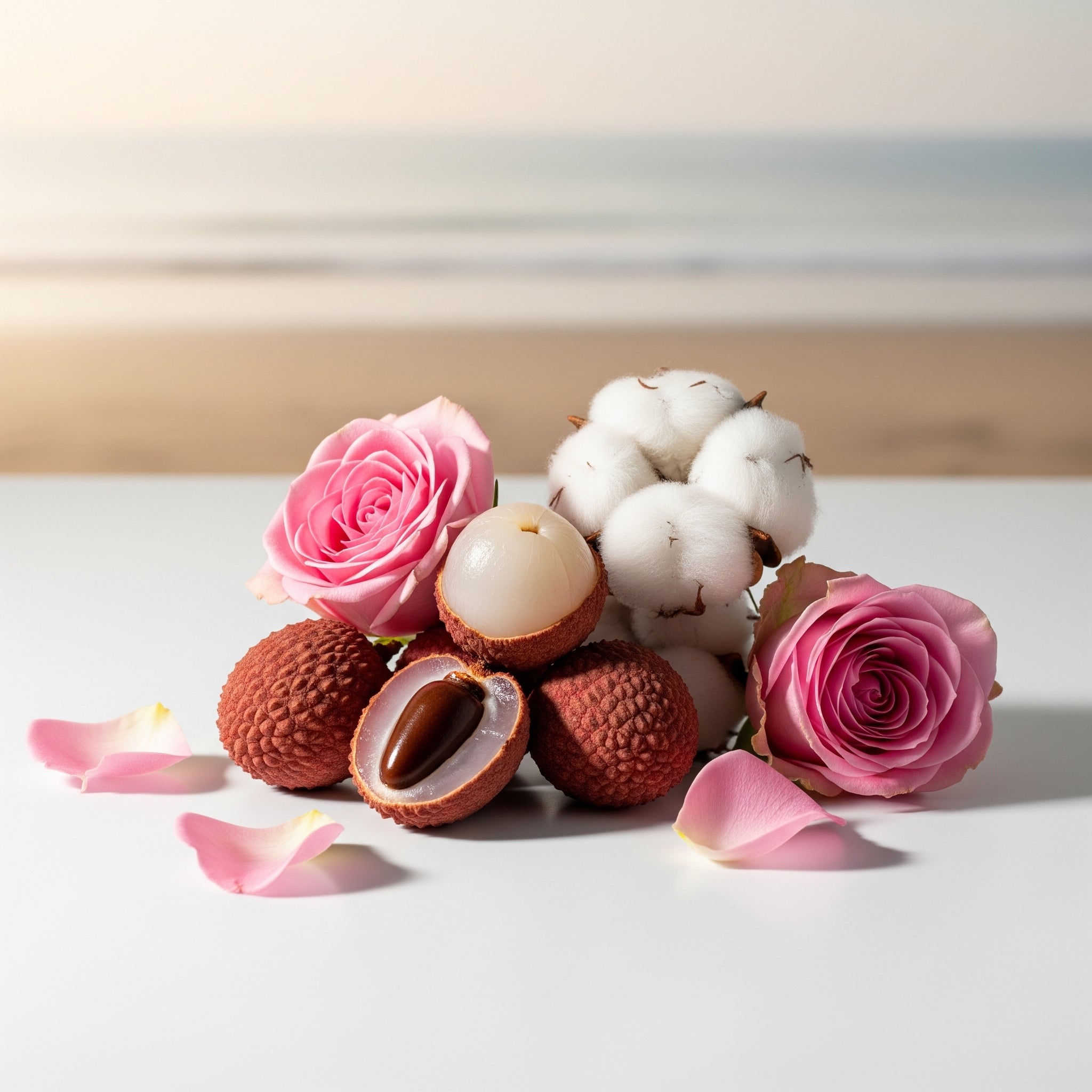 Notas olfativas suaves y exóticas con lichi, rosa y flor de algodón