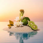 Notas olfativas frescas y exóticas con flor de nardo, bergamota y hojas verdes sobre arena junto al mar