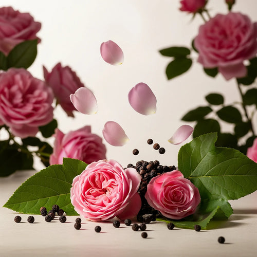 Notas olfativas de rosa fresca con pétalos suaves, hojas verdes y granos de pimienta negra