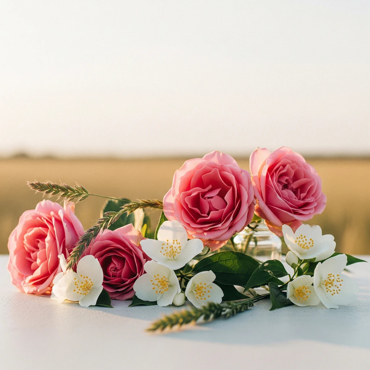 Notas olfativas de rosa fresca y jazmín blanco en un campo al atardecer