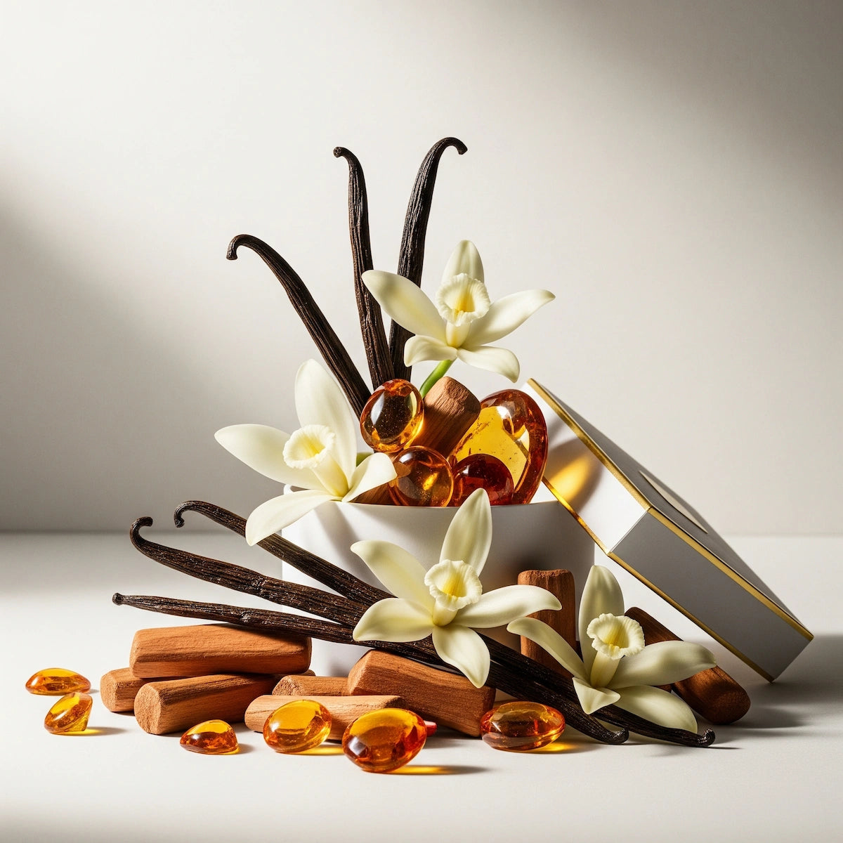 Notas olfativas de vainilla, ámbar y sándalo