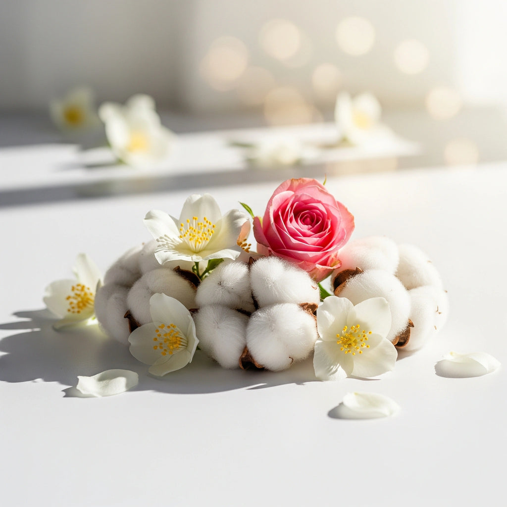 Notas olfativas de algodón, rosa y flores blancas
