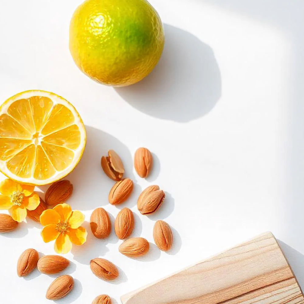 Limón, almendra y cedro representando las notas olfativas del perfume.