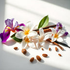 Notas olfativas de perfume con iris morado, vainilla, canela y haba tonka