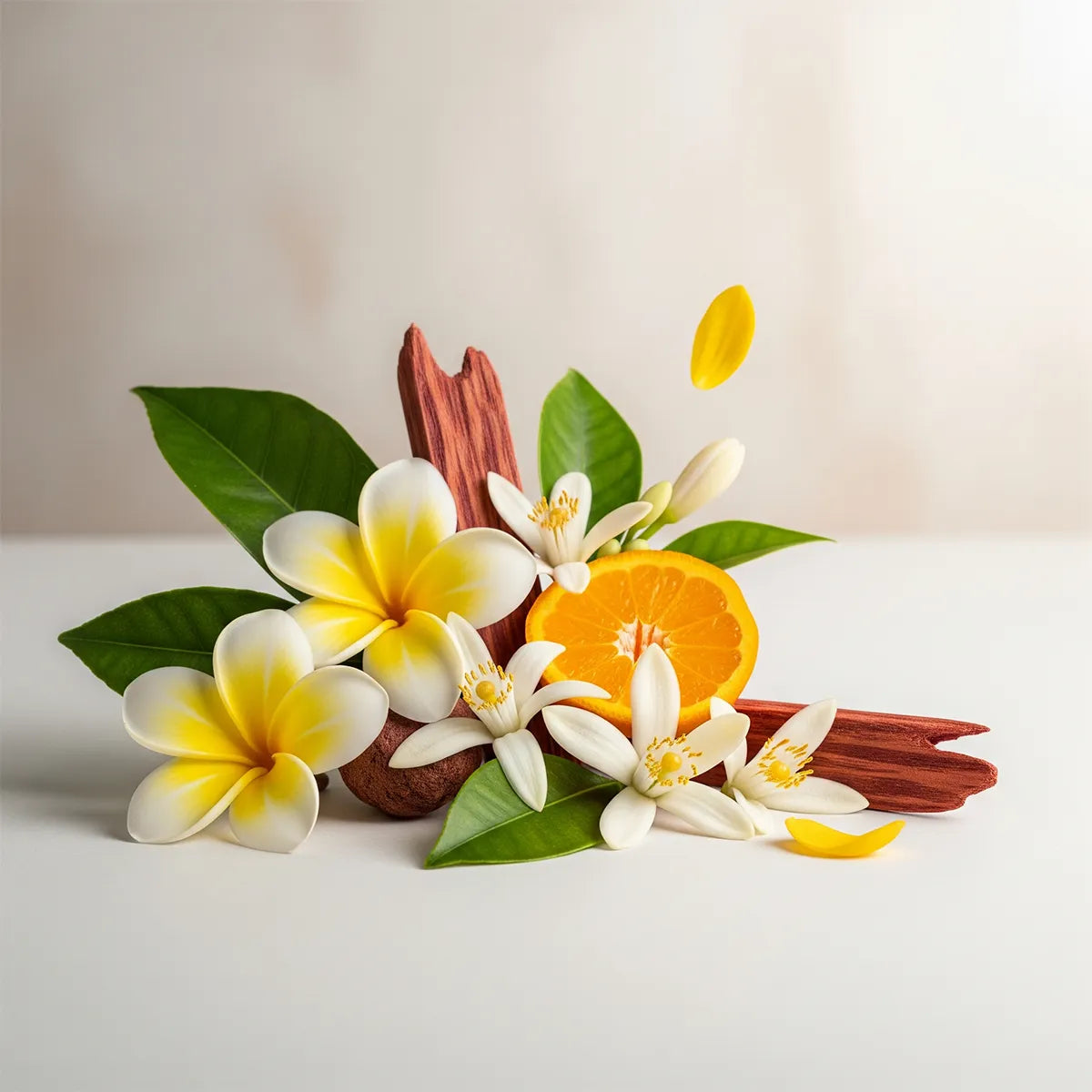 Notas olfativas del perfume con flores blancas, flor de azahar, naranja y madera de sándalo