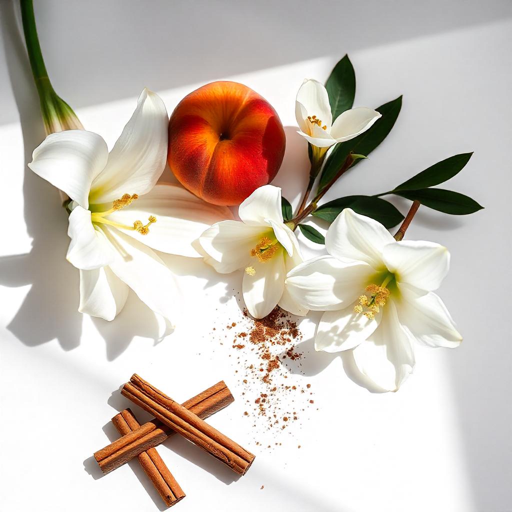 Notas olfativas de perfume con lirios blancos, melocotón y canela en rama
