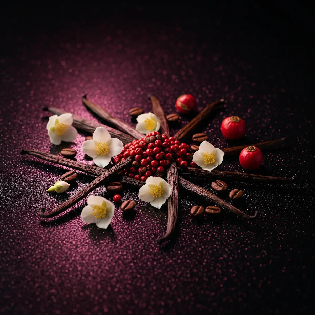 Notas olfativas del gel con granos de café tostado, vainilla dulce, pimienta rosa, jazmín blanco y bayas rojas intensas.