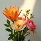 Ramo de fresia rosa, jazmín y flor de cactus representando las notas olfativas del perfume.