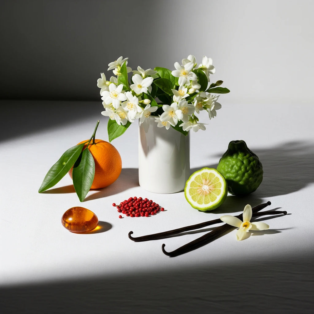 Notas olfativas de perfume con flor de azahar, bergamota, naranja, pimienta rosa, vainilla y ámbar