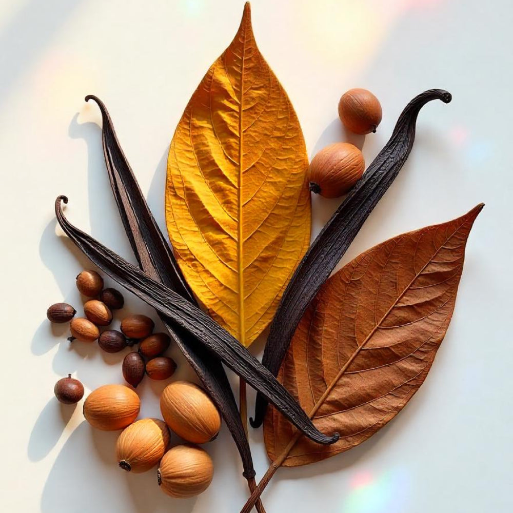 Hojas de tabaco, frutos secos y cacao representando las notas olfativas del perfume.