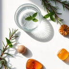 Vaso con agua y menta rodeado hoja de cedro representando las notas olfativas del perfume.