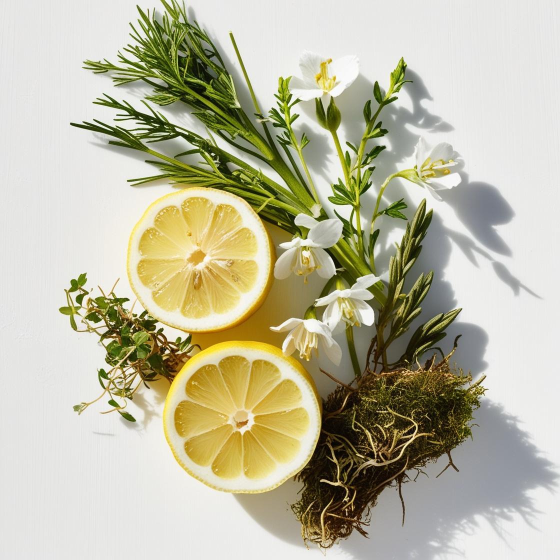 Notas olfativas de perfume con limón, flores blancas, romero, tomillo y musgo